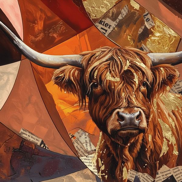 Scottish highlander head in mixed media style with gold leaf orange and rust brown by Emiel de Lange