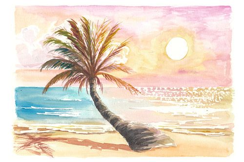 Romantik pur mit schiefer Strandpalme und Sonnenuntergang