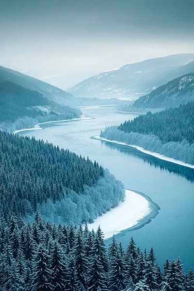 Winter river landscape in the fog by Poster Art Shop
