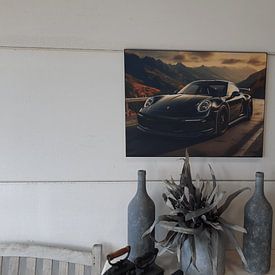 Klantfoto: Zwarte Porsche in berglandschap_4 van Bianca Bakkenist, als ArtFrame