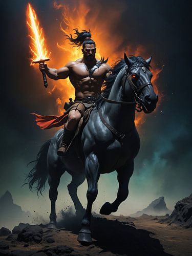 Krachtige fantasie krijger rijden paard en het houden van gloeiende zwaard