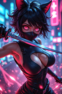 Dark Fantasy Anime Wandbild: KATYRA - Sexy Anime Cat Girl als Assassinin mit Schwert