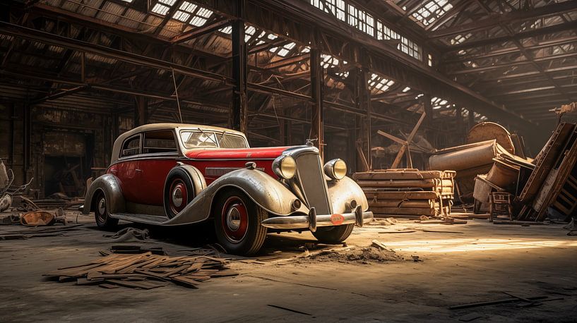 altes rotes Oldtimer im Hangar, Kunstdesign von Animaflora PicsStock
