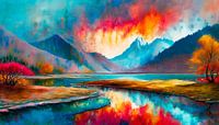 Painting of mountains and lake