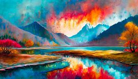 Schilderij van bergen en meer
