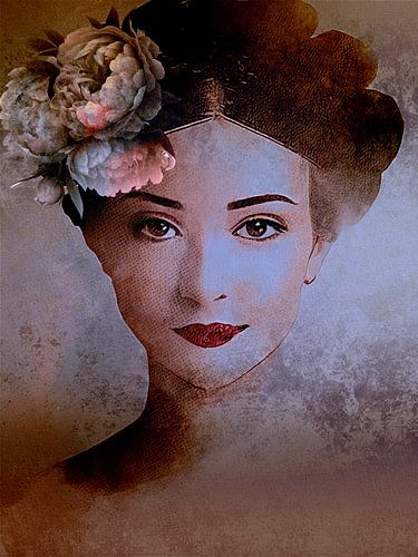 Portret van een Vrouw in lila met bloem in het haar