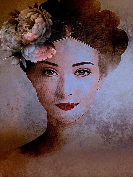 Frau in Lila mit Blume im Haar von Studio Pieternel