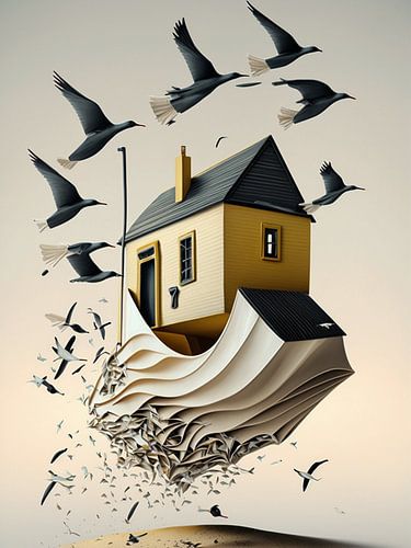 Paysage de dunes Maison Oiseaux Sable Herbe Ciel Collines