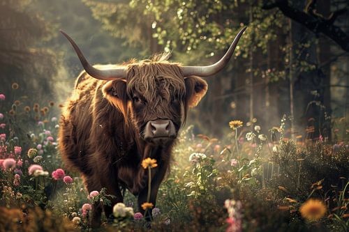 Schotse hooglander in een dromig landschap