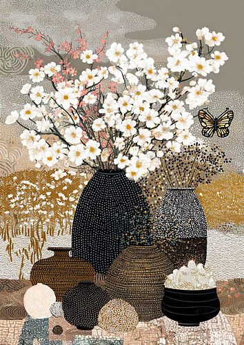 Vase à fleurs blanches | Flower Power avec un papillon sur Peintures accrocheuses