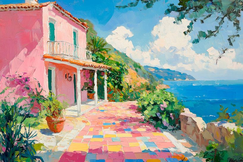 Colourful coastal house by Poster Art Shop