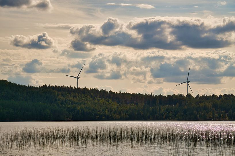 Wind turbines on the shore of a lake in Småland, Sweden. Renewable energy. by Martin Köbsch