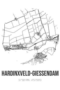 Hardinxveld-Giessendam (Zuid-Holland) | Landkaart | Zwart-wit van MijnStadsPoster