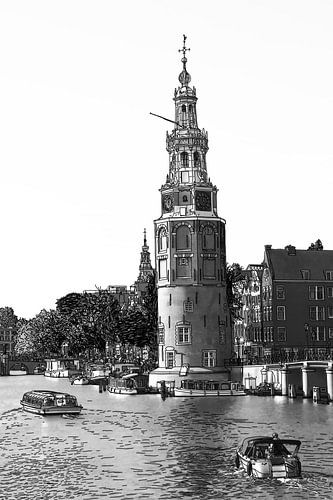 Pentekening Amstel Montelbaanstoren Amsterdam Nederland Tekening Lijntekening Zwart-Wit