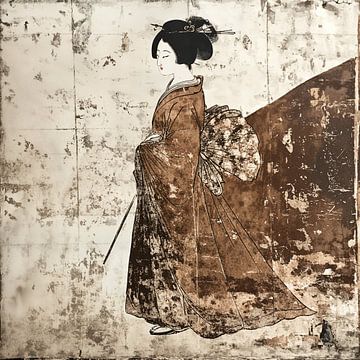 Edo Periode Figuren Schilderij: Bruin en Wi van Dream Designs art work