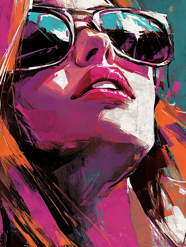 Magenta Aviator - Modern Expressief Vrouwen Portret met Zonnebril en Violette Verftextuur