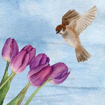 Spring Tulips and Sparrow in Soft Blue Sky by Geovia