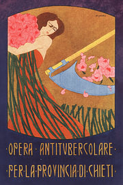 Jugendstil (Art Nouveau) illustratie met vrouw met rozen en zeis