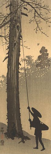 Silhouettierter Mann bei der Ernte eines Nestes - Ohara Koson