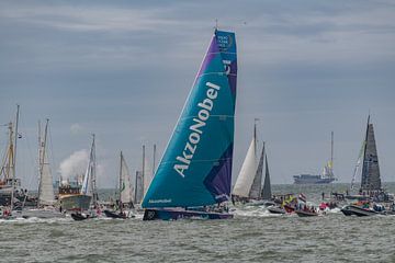 Finish of the exciting Volvo Ocean Race 2018 in Scheveningen. The AkzoNobel crosses the finish line  by Jaap van den Berg