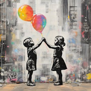 Rainbow Balloons | Banksy Style Urban Art van Blikvanger Schilderijen