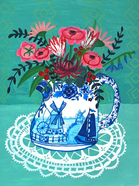 Kleurrijk Hollands Naief bloem stilleven met Delfts Blauwe Vaas van Anita Letuve