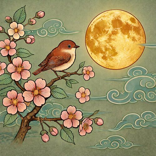 Groene Maanrust – japandi vogelkunst met bloesem en volle maan