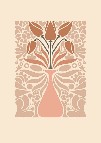 Grafische kunst Tulpen in Vaas – Nude tinten – Woonkamer & Slaapkamer - Minimalistisch interieur – Abstract van Design by Pien