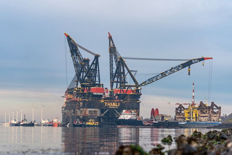The Thialf and the Sleipnir are moored together along the quay of the Calandkanaal. by Jaap van den Berg