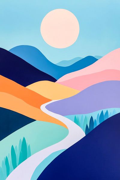Paysage abstrait avec rivière et soleil par Poster Art Shop