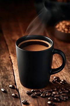 Dampende koffie in een zwart kopje van Poster Art Shop