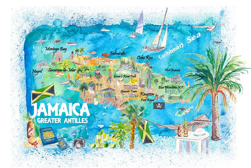 Jamaika Illustrierte Reisekarte mit Straßen und Highlights von Markus Bleichner