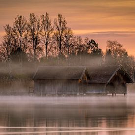 Boathouses in the fog at Kochelsee by Markus Weber