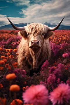 Highland cow in a field of flowers by haroulita
