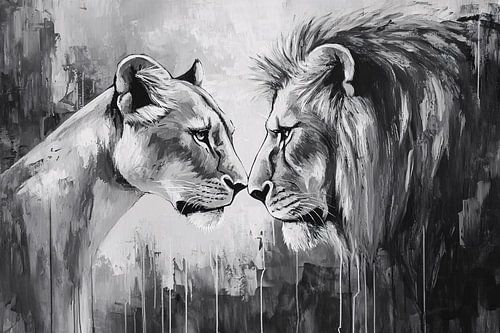 Lion et lionne en noir et blanc