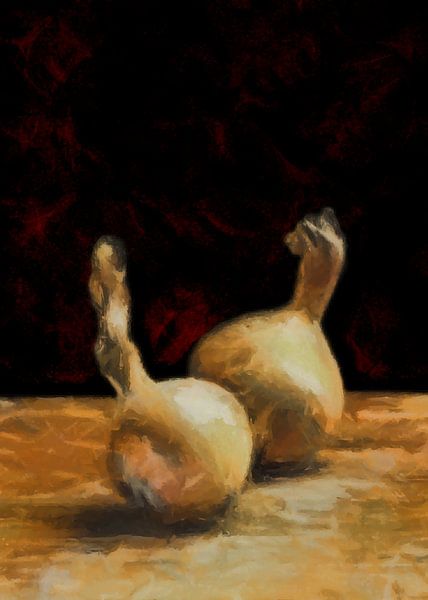 Still life 2 onions on an old table top by Anna Marie de Klerk