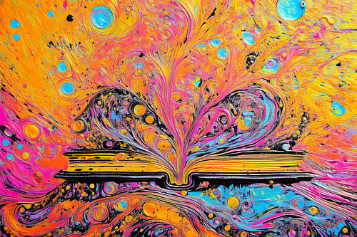 Opengeslagen boek in psychedelische kleuren 