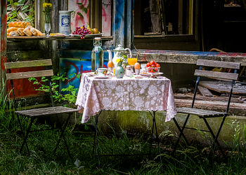 Colorful hotel breakfast still life