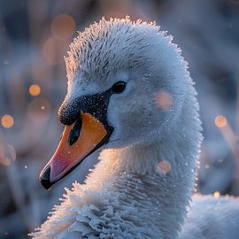 Nahaufnahme eines vereisten Schwanenkopfes zur goldenen Stunde von Rizwana Khan