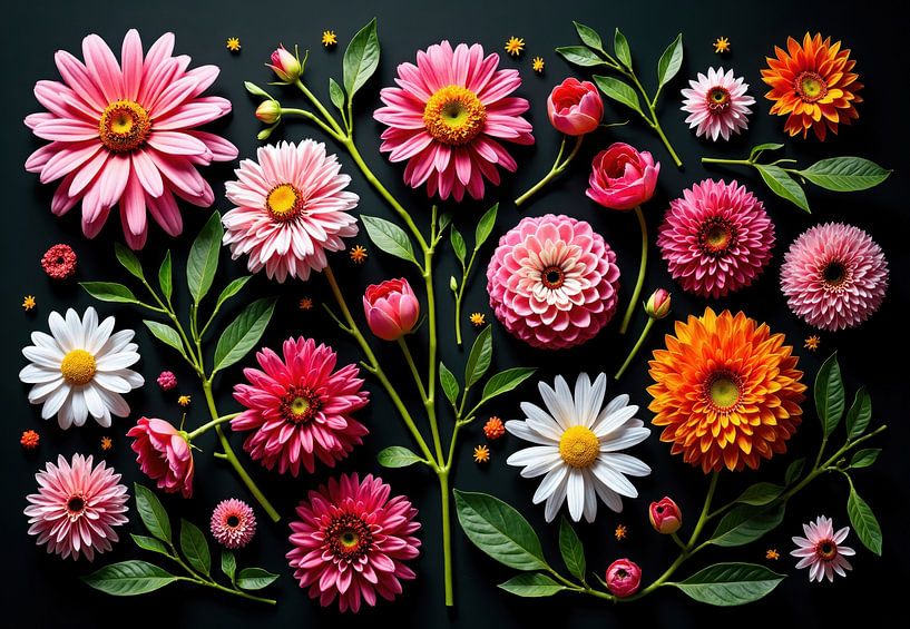 Floral Arrangement of Gerbera Daisies, Dahlias, and Daisies on B by Markus Gann
