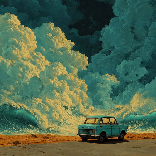 Surrealistisch droomlandschap met illustratie van een oldtimer