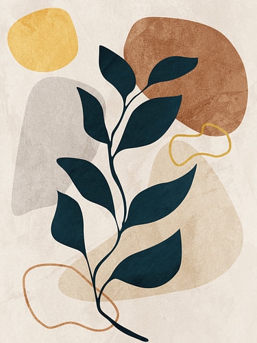 Contemporary tropical floral and botanical art in earth tones
