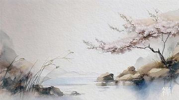ZEN  schilderij: Japans landschap met sakura boom. van Studio Pieternel