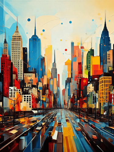 Kleurrijke skyline van stad in moderne abstracte stijl