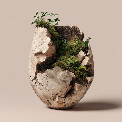 Moss and grass in a cracked vase