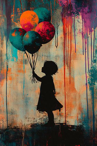 Silhouet kind kleurrijke ballonnen