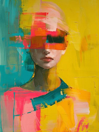 Modernes abstraktes Porträt in leuchtenden Neonfarben, zeitgenössische Kunst. von Carla Van Iersel