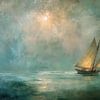 Segelboot auf nebliger See - verträumte Malerei von Peter Pen Zeichnungen und Gemälde