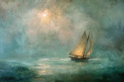 Segelboot auf nebliger See - verträumte Malerei von Peter Pen Zeichnungen und Gemälde