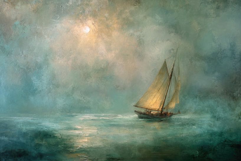 Zeilboot op Mistige Zee - Dromerig Schilderij van Peter Pen tekeningen en schilderijen